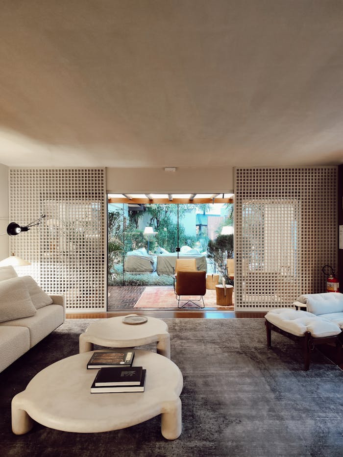 Home Spacious living room with elegant design and garden view.