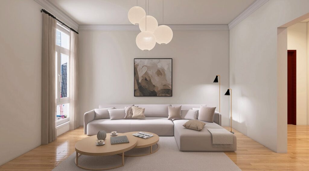 Home Elegant minimalist living room with neutral colors and modern decor.