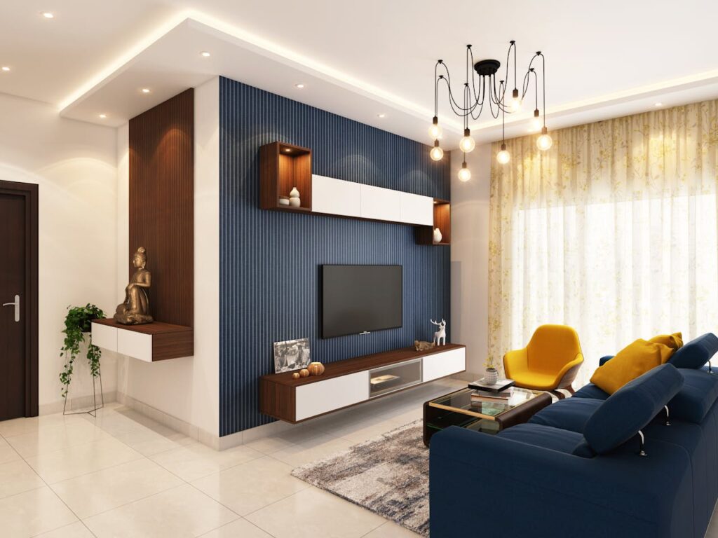 Home Contemporary and cozy living room interior with elegant decor in Bangalore.